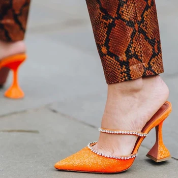 

Genuine Leather Summer Sexy Glitter Slides Point Toe Crystal Beaded Strap Sequined High Heel Ladies Slippers mules Shoe Women