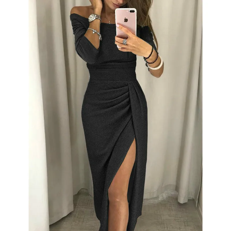 Женские Коктейльные Вечерние с длинным рукавом Bodycon Clubwear платье с длинным разрезом