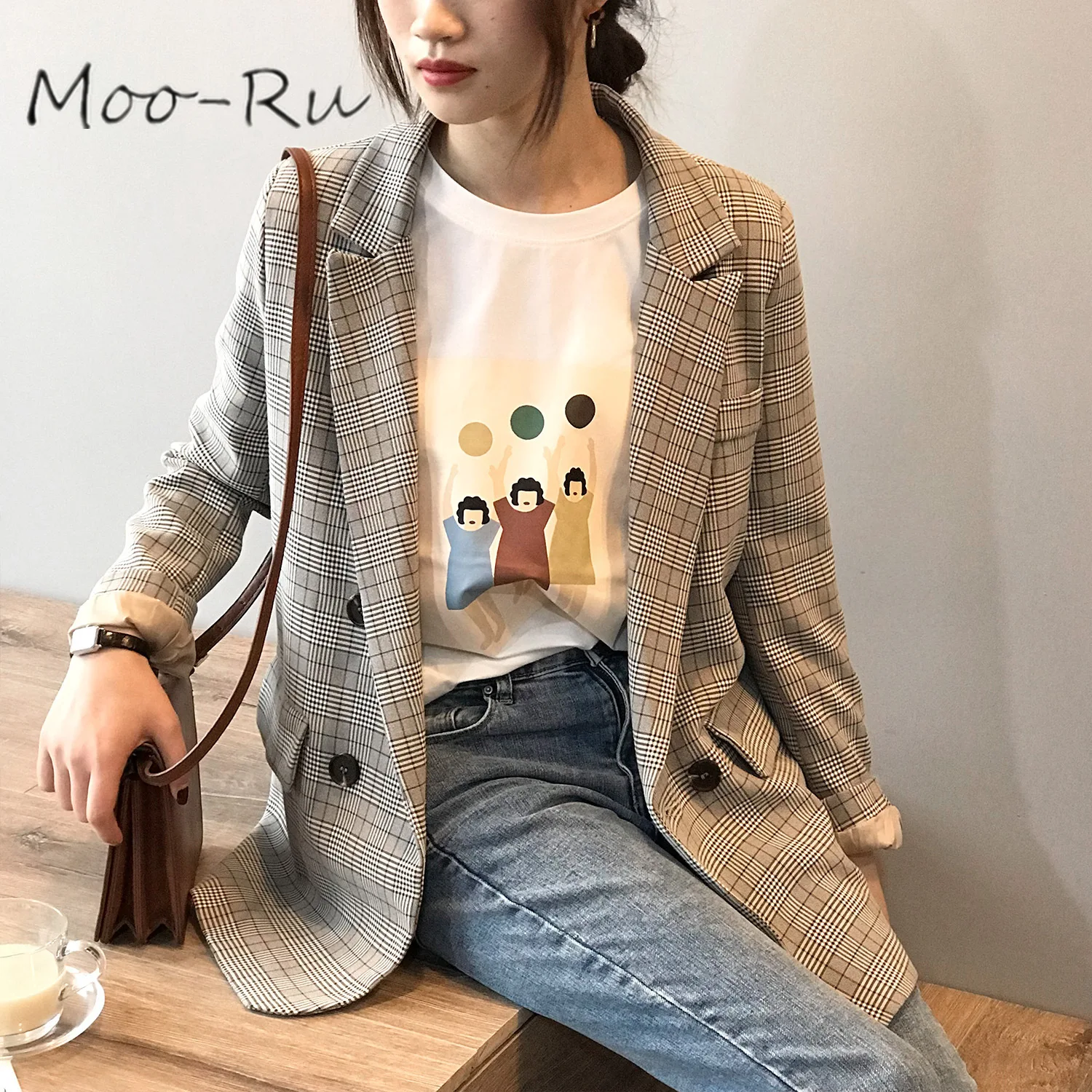 Moo-Ru 2020 Chun-korean Vintage Plaid Blazer  blazer feminino  plaid jacket  coat women