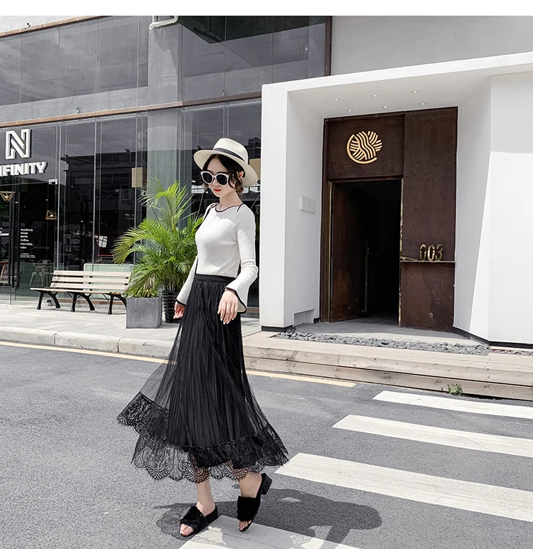 Velvet Skirt Women Autumn Winter Shiny Pleated Party Mesh Lace Skirt Elastic High Waist Patchwork Midi Long Skirt Korea