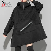 新 2019 和風女性ユニークな冬の黒のスエードのスエットシャツフロントポケットレディースプラスサイズ暖かいパーカーファム J216