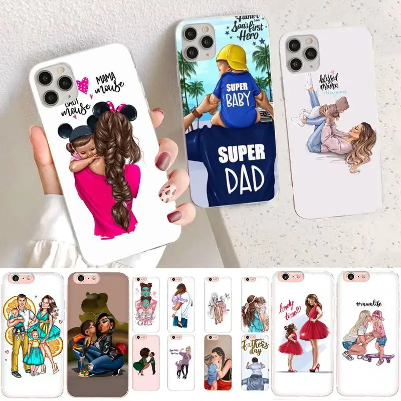 YNDFCNB Black Brown Hair Baby Mom daughter Girl Son Dad Phone Case for iphone 13 11 12 pro XS MAX 8 7 6 6S Plus X 5S SE 2020 XR | Мобильные