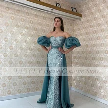 

Blue Sequin Elegant Long Evening Dresses Fastion Strapless Short Sleeve Floor-Length Formal Wedding Prom Gowns