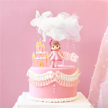 

Pink Castle Girl with Bow little Princess Girl's Happy Birthday Cake Topper Kid Party Supplies Pink Love Gifts