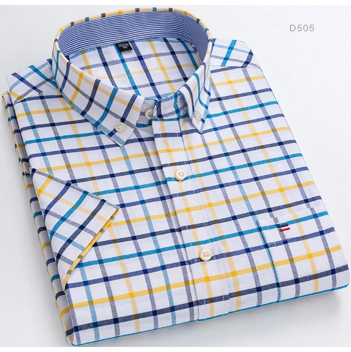 Men's Summer Casual Short Sleeve 100% Cotton Thin Oxford Shirt Single Patch Pocket Standard-fit Button-down Plaid Striped Shirts