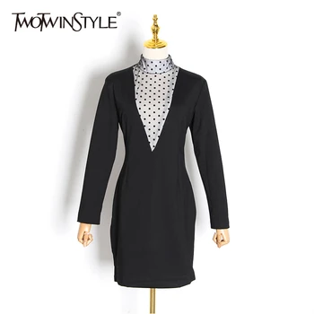 

TWOTWINSTYLE Sexy Patchwork Dot Mesh Party Dresses For Female Turtleneck Long Sleeve High Waist Dress Women 2020 Fashion Clothes