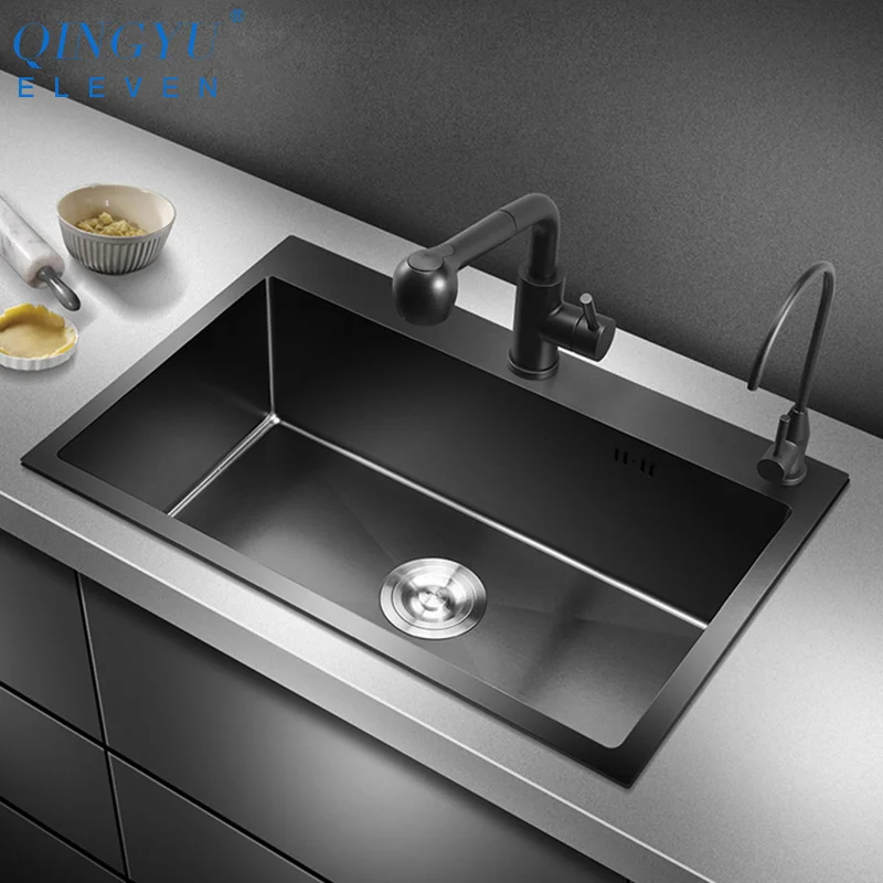 Большая кухонная раковина Нанометр Антибактериальный черный 304 нержавеющая