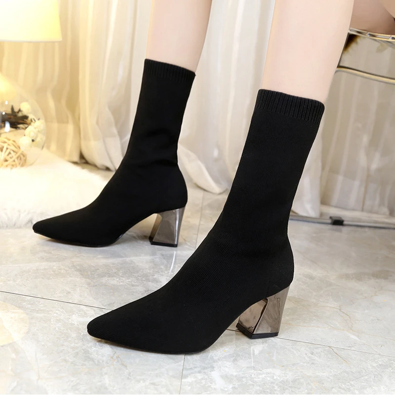 

New Women's Boots Autumn Winter Stretch Leather Boots Woman Basic High Top Ankle Boots Booties Pump Med Heels Shoes