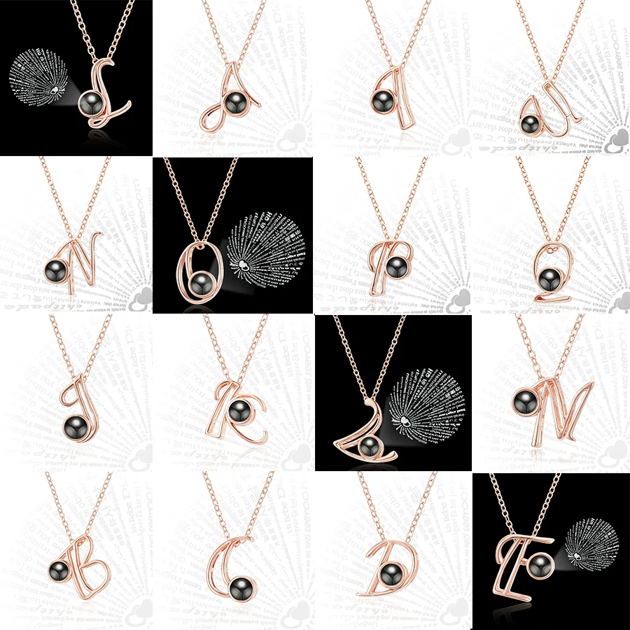 

Rose Gold Love Memory Projection Necklace For Women Gift 26 A-Z Letters 100 Languages I Love U Necklace Jewelry Best Gifts