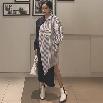 

New 2020 Summer Fashion Temperament Women Loose Plus Casual Long Section Irregular Stitching Striped Shirt TC210