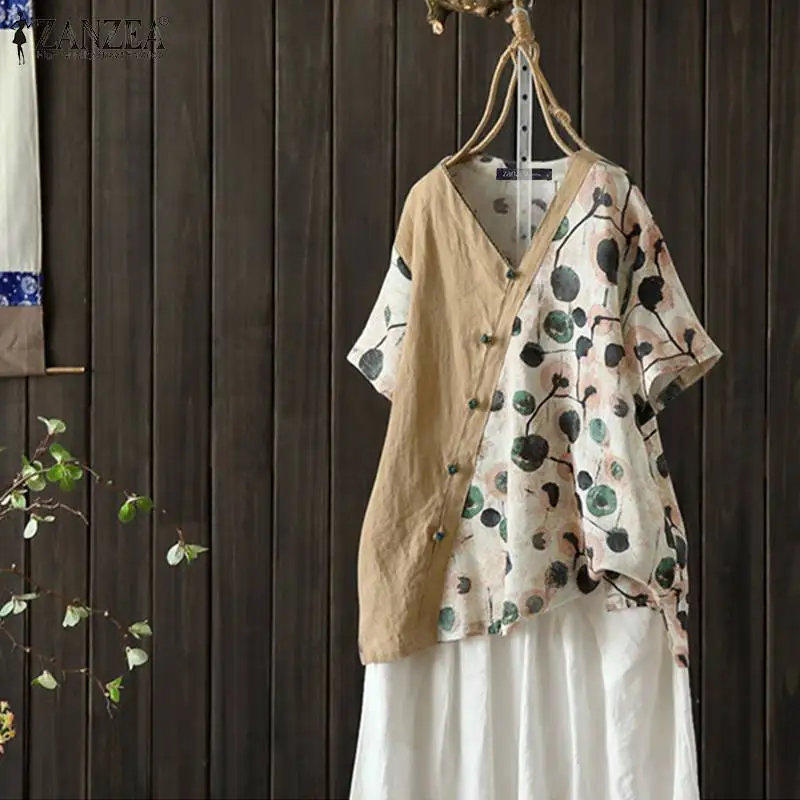 

ZANZEA 2019 Summer Women Tops and Blouses Casual Patchwork Shirts Ladies Short Sleeve Tunic Tops Loose Blusa Feminina Plus Size