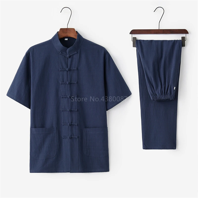 Китайский традиционный комплект одежды Человек Лето льняная Пряжка кунг-фу Рубашка Восточный ретро Топ Брюки Тай Чи «дышащая» униформа