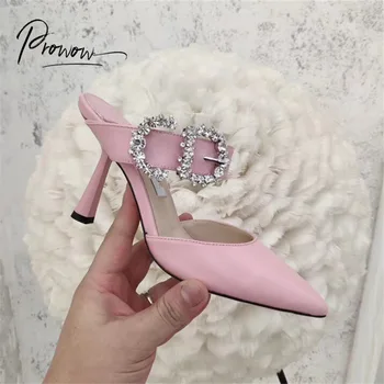 

Prowow New Style Genuine Leather Summer Woman Slippers Pointed Toe Crystal Thin High Heel Women Shoes Slippers Mules Shoes Woman