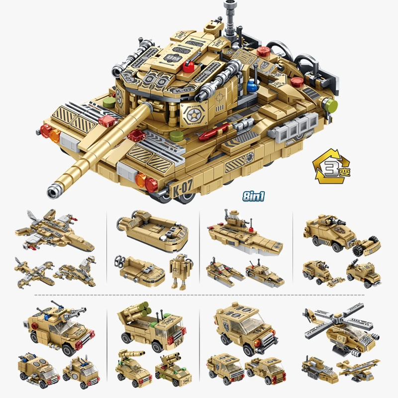 

725PCS 8 IN 1 Wheeled Infantry Vehicle DIY Kids Assembled Bricks Toys Military Armored Tank Building Blocks Kits