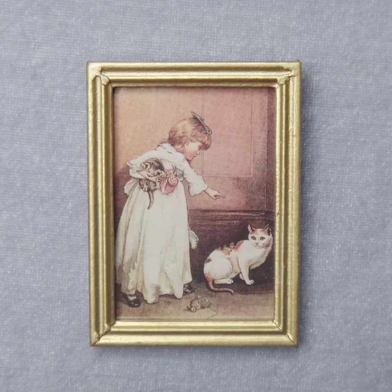 

1:12 Dollhouse Mini Scene Model Accessories DIY Gold Frame Little Girl And Cat Murals