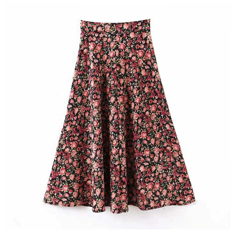 Стильная юбка миди с цветочным узором, с молнией сзади, трапециевидные юбки для женщин, весенние повседневные юбки