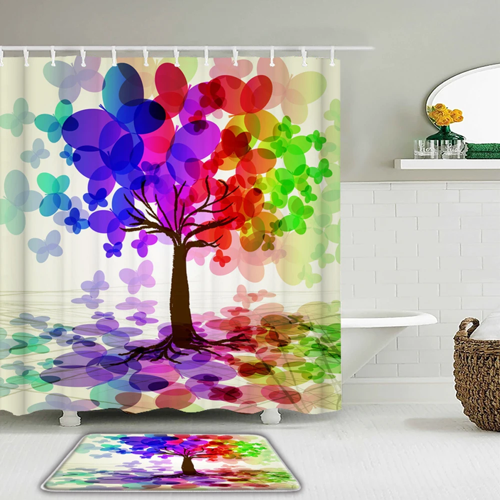 3D Colorful Tree Print Waterproof Bathroom Polyester Shower Curtain w/ Hooks US 