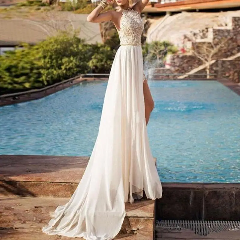 Сексуальное летнее платье без рукавов с лямкой на шее; белое кружевное длинное платье Maix с высокой талией и разрезом; элегантное вечернее платье; Vestido Sukienki - Цвет: A