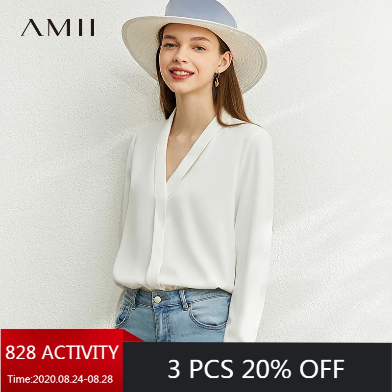 AMII Minimalism Autumn Fashion Solid Vneck Loose Women Blouse Tops Causal Full Sleeve Loose Female Shirt Tops 12040074 AMII Minimalism Autumn Fashion Solid Vneck Loose Women Blouse Tops Causal Full Sleeve Loose Female Shirt Tops 12040074