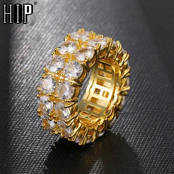 

HIP Hop Two Row Charm Iced Cubic Zircon Ring Gold Color Copper Rings for Men Jewelry US Size 8-11 Dropshipping