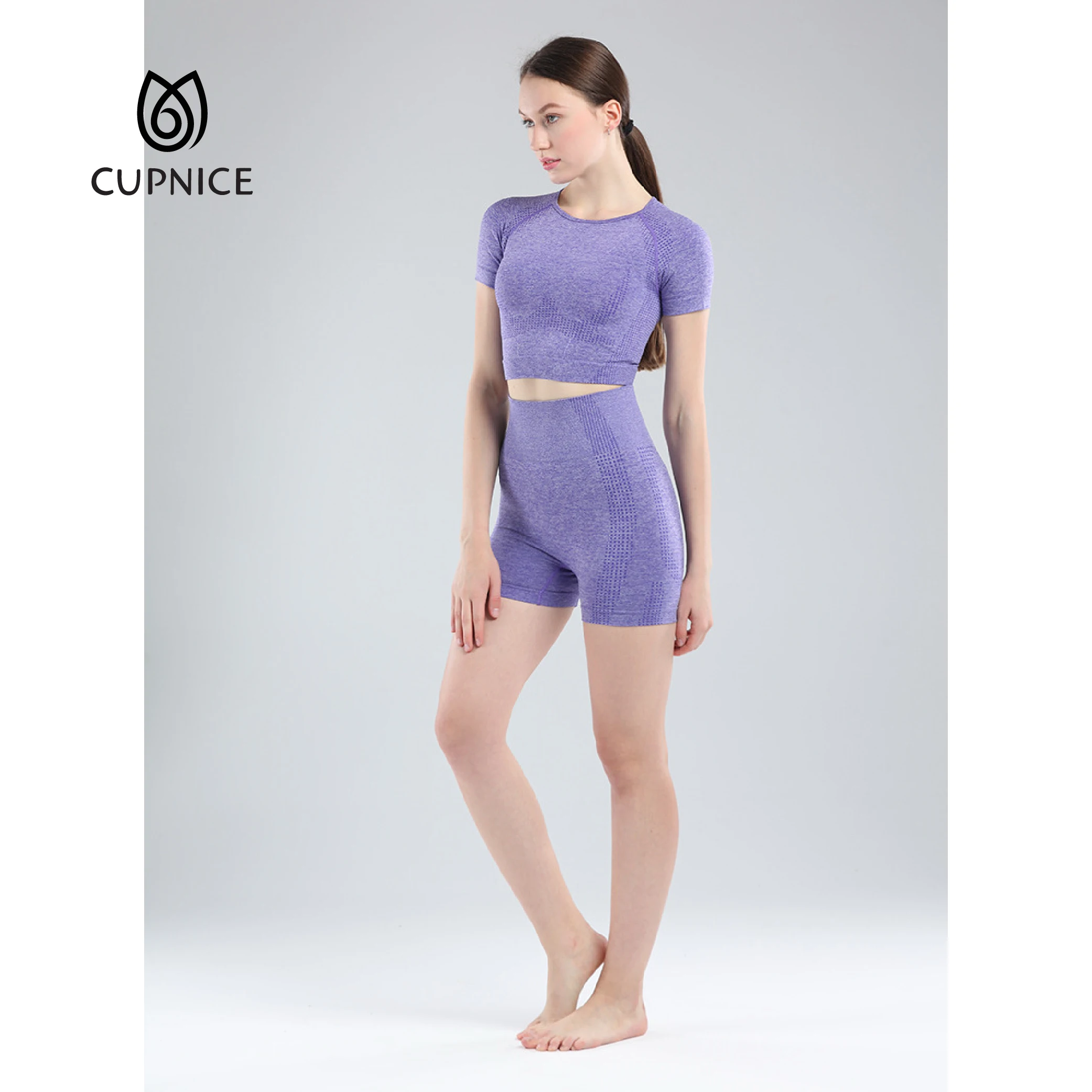 CUPNICE Yoga Outfits Women Seamless 2 Piece Short Sleeve High Waist