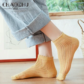 

CHAOZHU Fresh Sweet Girls Summer 100% Cotton Hollow Chain Link Patterns Twist Flower Top Korea Japanese Women Socks Thin Sheer