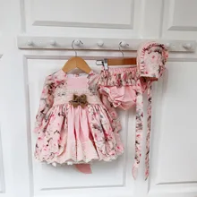 Комплект из 3 предметов, осенне-весеннее пасхальное розовое винтажное бальное платье принцессы в стиле испанской Лолиты с розами, платье со штанами и шляпой для девочек на день рождения