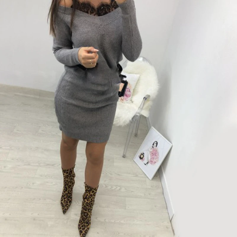 

Women sweater dress Solid Color Lace Mini Dresses V-neck Long Sleeve Slim Fit Large Size fall winter lady hips-wrapped dress