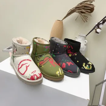 

Winter 2020 100% wool snow boots women graffiti pattern thermal boots cotton shoes real wool boots