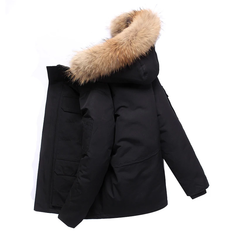 Зимняя мужская куртка-пуховик с меховым воротником и капюшоном, толстая парка, пуховое пальто, мужские зимние куртки размера плюс, Зимняя парка, пальто - Цвет: Черный