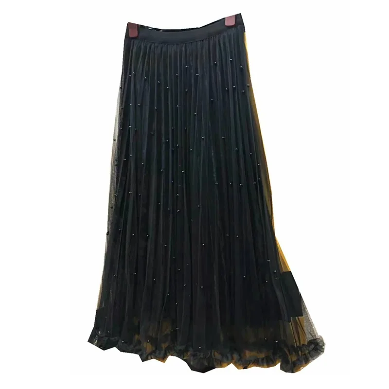 Осенняя длинная Плиссированная юбка средней длины, Женская плиссированная юбка с высокой талией и бусинами, длинная Тюлевая юбка, женские бархатные юбки
