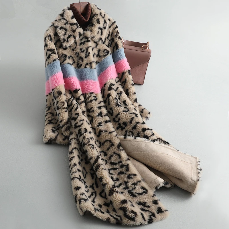 Пальто из натурального меха, Женская длинная леопардовая куртка для стрижки овец, женская одежда, корейский стиль, шерсть, пальто, куртки, топы Hiver 071