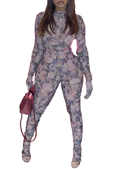 

New Winter Skinny Sexy Jumpsuit Women O-neck Long Sleeve Digital Printing Rompers Clubwear One Piece Jumpsuit Women Outfits