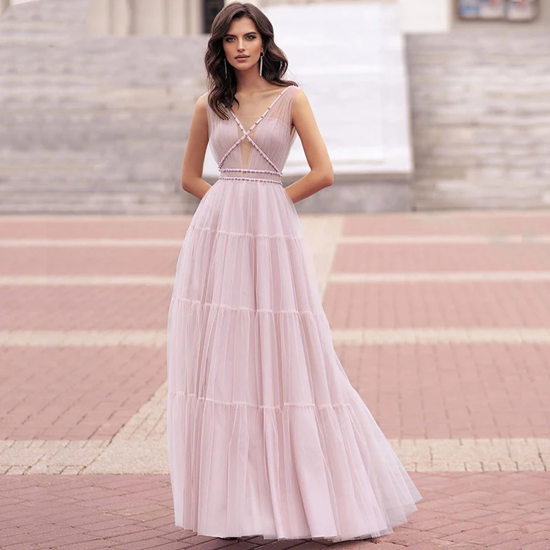 

Verngo A line Evening Dresses Long Sleeveless Pink Tulle Evening Dress Elegant Prom Dress Vestido De Festa Formal Party Gown