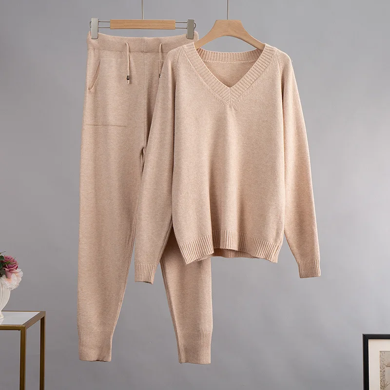 HLBCBG Cashmere Knitted Sets Women 2022 New Loose V Neck Sweater & Carrot Pant 2 Pieces Female Outfit Tracksuits Harem Pants 2