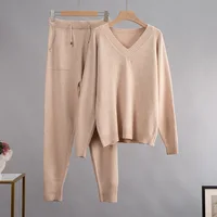 HLBCBG Cashmere Knitted Sets Women 2022 New Loose V Neck Sweater & Carrot Pant 2 Pieces Female Outfit Tracksuits Harem Pants 2