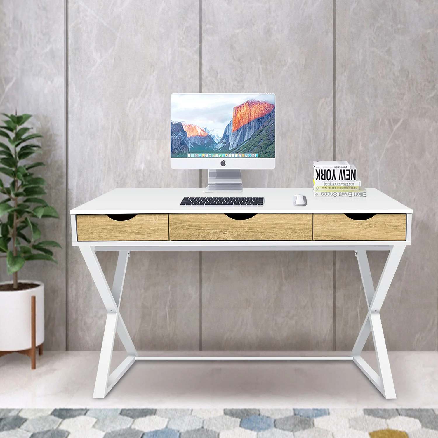 White X-Shaped Legs Home Office Laptop Computer Desk with Drawers