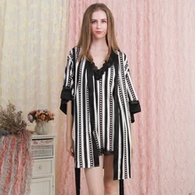 Женский халат, пижама, летний атласный кружевной черный белый халат, женский халат