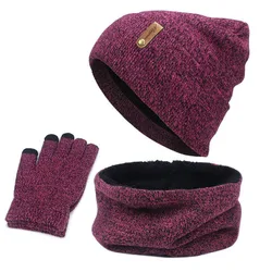 3PCS/Set Knitted Hat Thick Warm Cashmere Hat And Scarf Set Women Men Winter Knitted Skullies Beanies Caps Female Casual Warm Hat