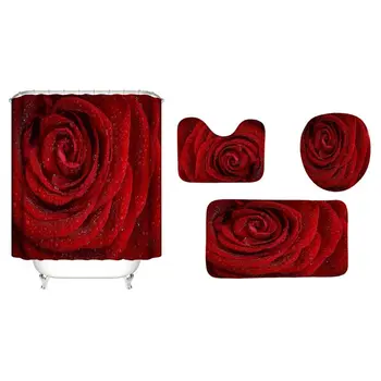 

4PCS/Set Rose Shower Curtain Floral Bath Curtain Waterproof Polyester GXMA