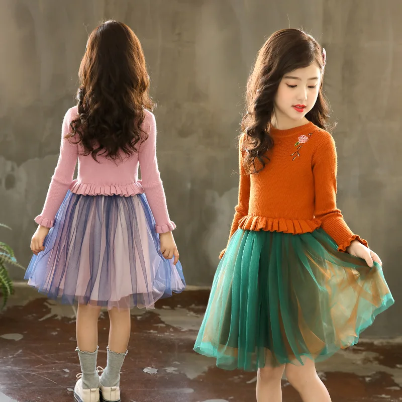 

2019 New Style Korean-style Children Shirt Girls Autumn Big Boy Kids' Sweater Embroidery Dress Childrenswear a-Piece