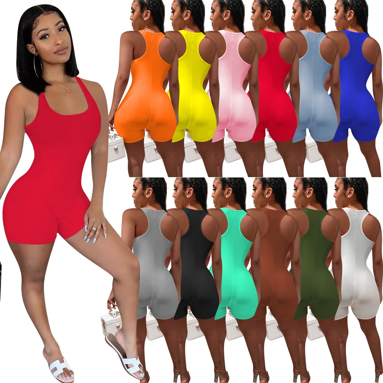 2021 Ribbed Knitted Sexy Bodycon Rompers Womens Jumpsuit Shorts Halter Sleeveless Backless Skinny Ladies Jumpsuit Female 2021 summer sexy off shoulder jumpsuit women skinny streetwear office ladies colorblock ruffles bodycon slim fit jumpsuits