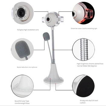 

Computer Camera, Desktop Notebook with Microphone Built-in Colorful Breathing Light USB Drive-Free HD Video Live Camera