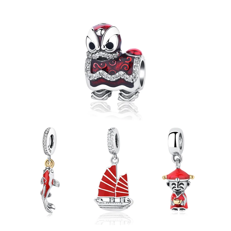 

Original 100% 925 Sterling Silver Bead Charm Red Chinese Fish Lion Dancing Pendant Charms Fit Pandora Bracelets Women Jewelry