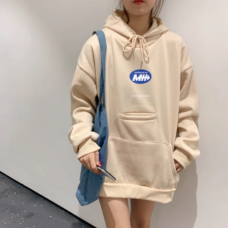 Бежевый Ulzzang свободные Bf карман печати с капюшоном негабаритных теплый Harajuku Kawaii Винтаж Толстовка толстые карманные Пуловеры Женская одежда - Цвет: Бежевый