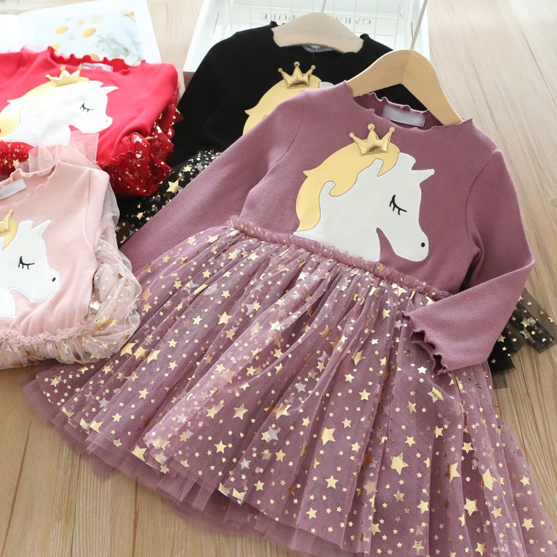 LZH Autumn Spring Kids Casual Long Sleeve Dress For Girls Unicorn Party Rainbow Tutu