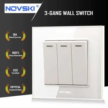 

NOVSKI 16A 3 Gang Wall Switch Socket German Bayer Flame Retardant Material Tempered Glass Panel 220-250V China CCC Certified