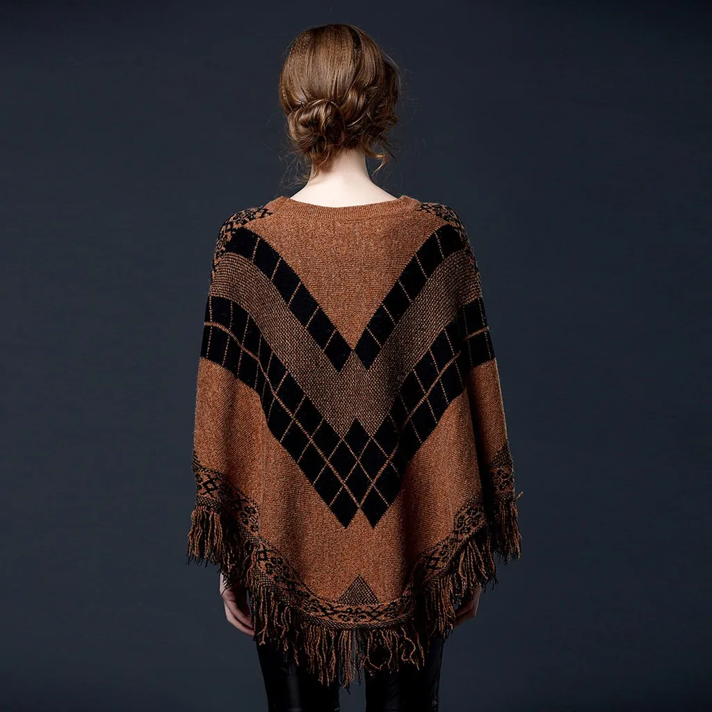 JAYCOSIN New Women Elegant Loose Sweaters Cloak Tassel Bat Sleeve Warm Soft Knitted Angyle Printed Pullover Tops Office Lady 126