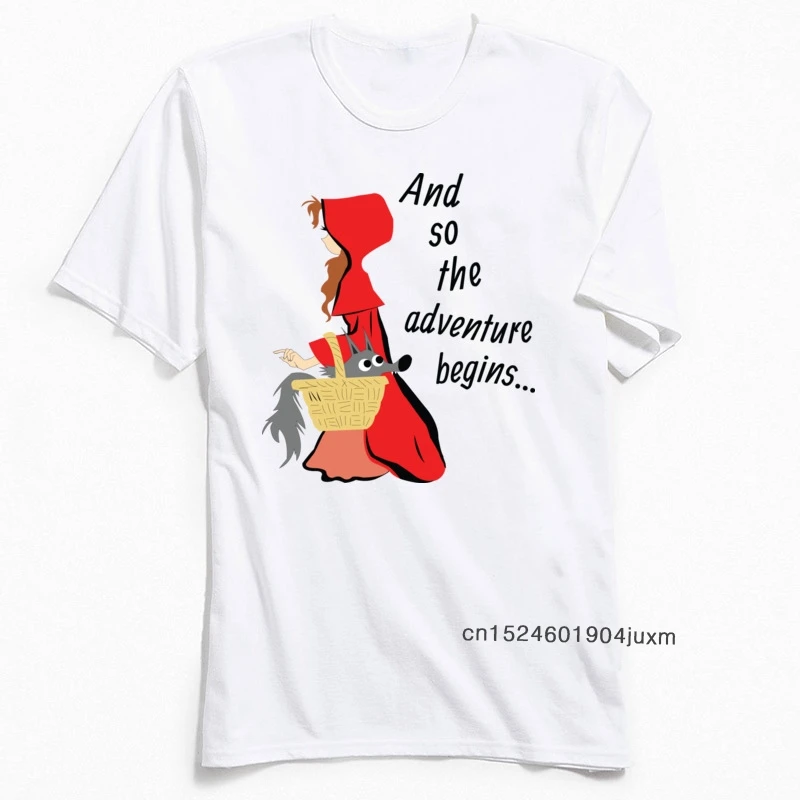 Cartoon T-Shirt Per Uomo Bianco T Shirt Little Red Riding Hood & Her Lupo Pup Storia Divertente Magliette E Camicette 100% Cotone Magliette A Buon Mer