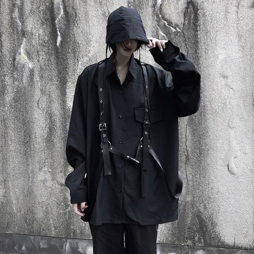 Neploe винтажная черная блуза с длинным рукавом Harajuku Женская Мужская рубашка Осенняя Корейская бандажная блузка средней длины топы пальто 55503 - Цвет: black